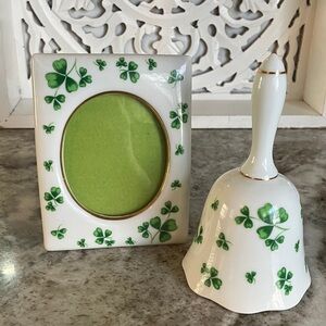 Vintage Lefton China Shamrock picture frame and matching bell
